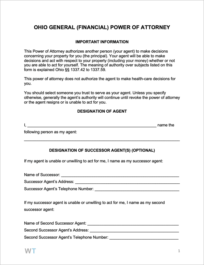 Free Ohio General (Financial) Power of Attorney Form PDF WORD