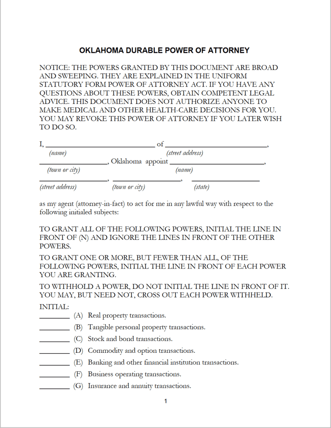 Free Oklahoma Durable Power Of Attorney Form PDF WORD RTF