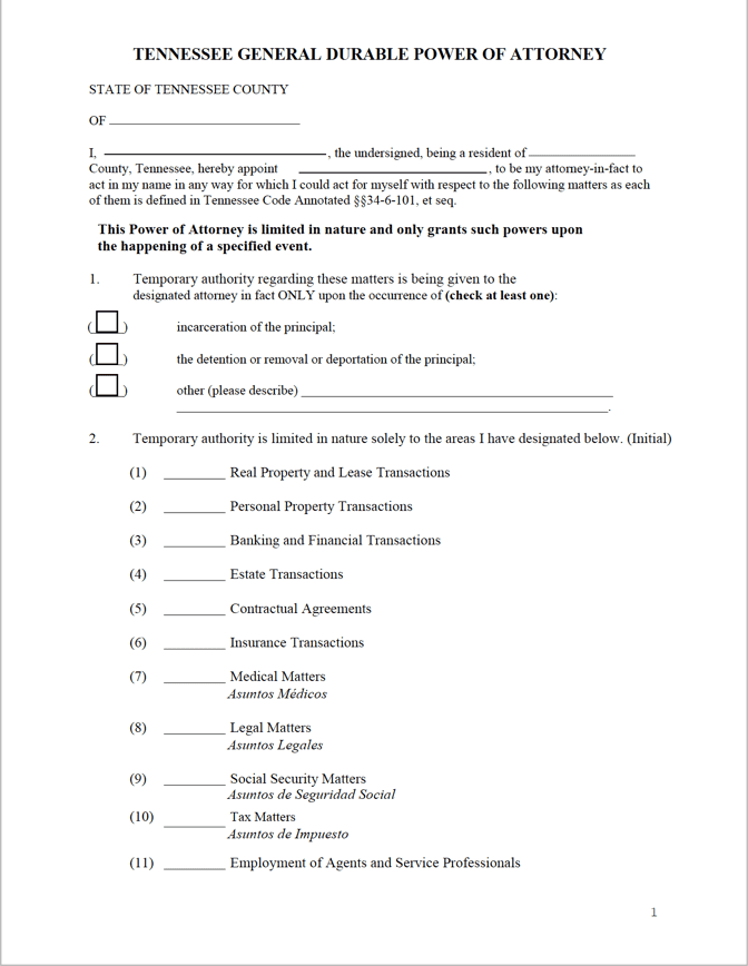 Free Printable Durable Power Of Attorney Form Tennessee Printable 