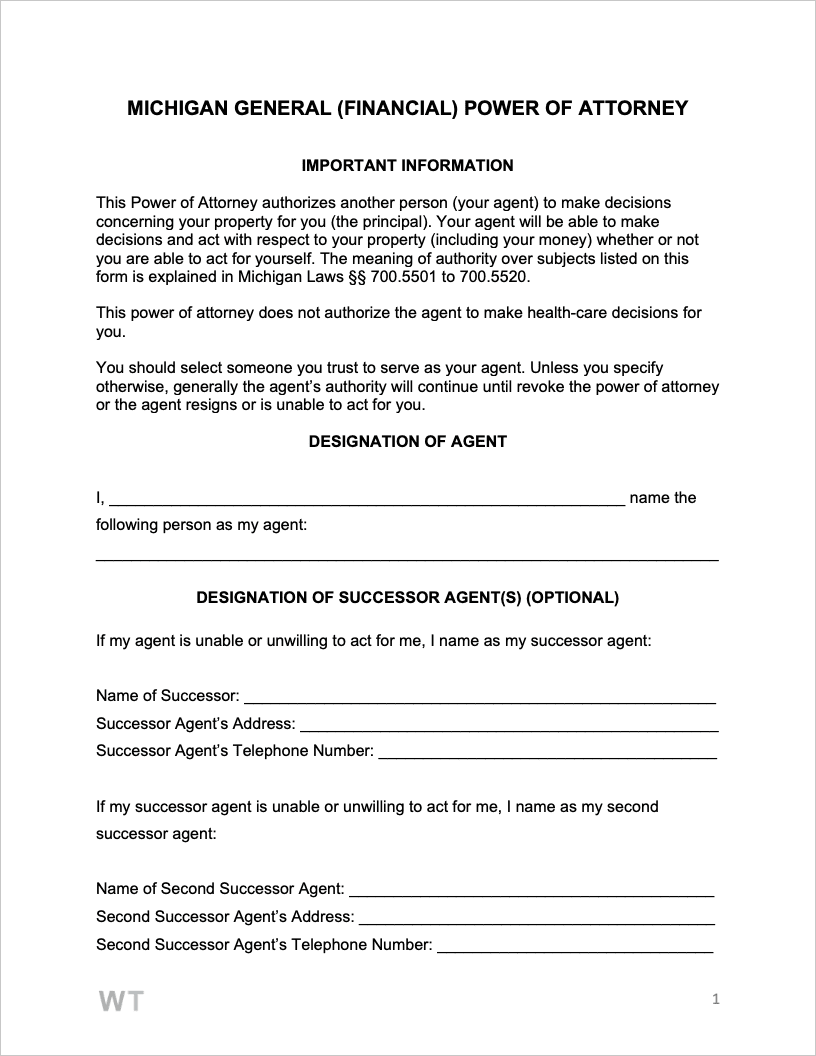 Free Michigan General Power Of Attorney Form PDF WORD RTF