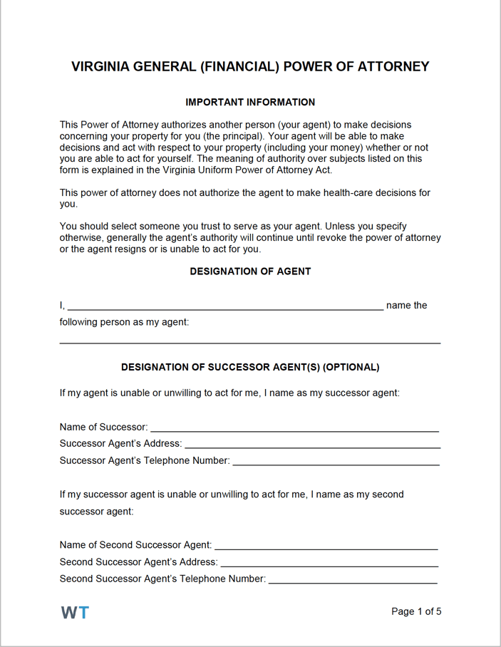 Free Printable Power Of Attorney Form Virginia