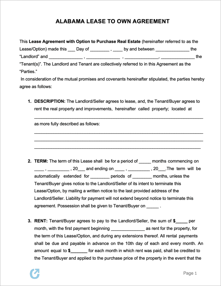 Free Alabama Lease to Own Agreement PDF WORD RTF