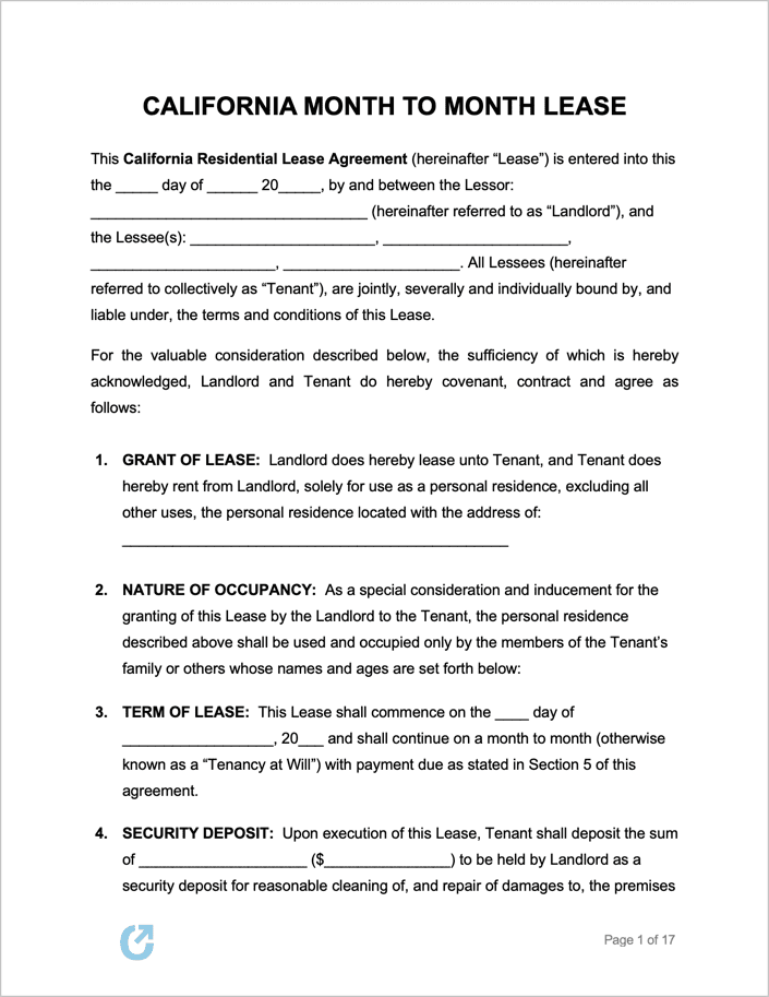 Free California Month to Month Lease Agreement PDF WORD RTF