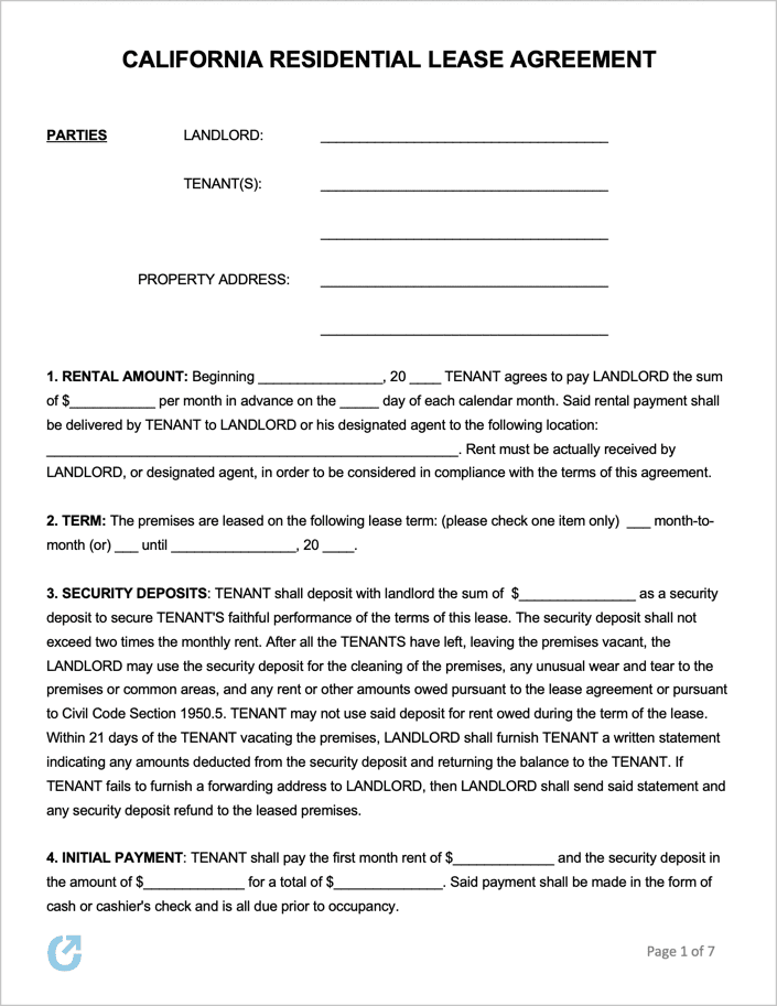 Free California Rental Lease Agreement Templates PDF WORD RTF