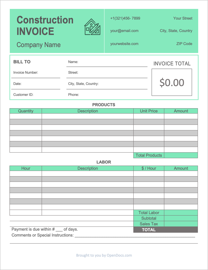 Free Construction Invoice Template Pdf Word Excel