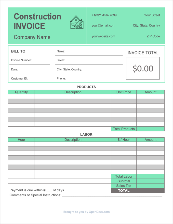 Free Printable Construction Invoice Template