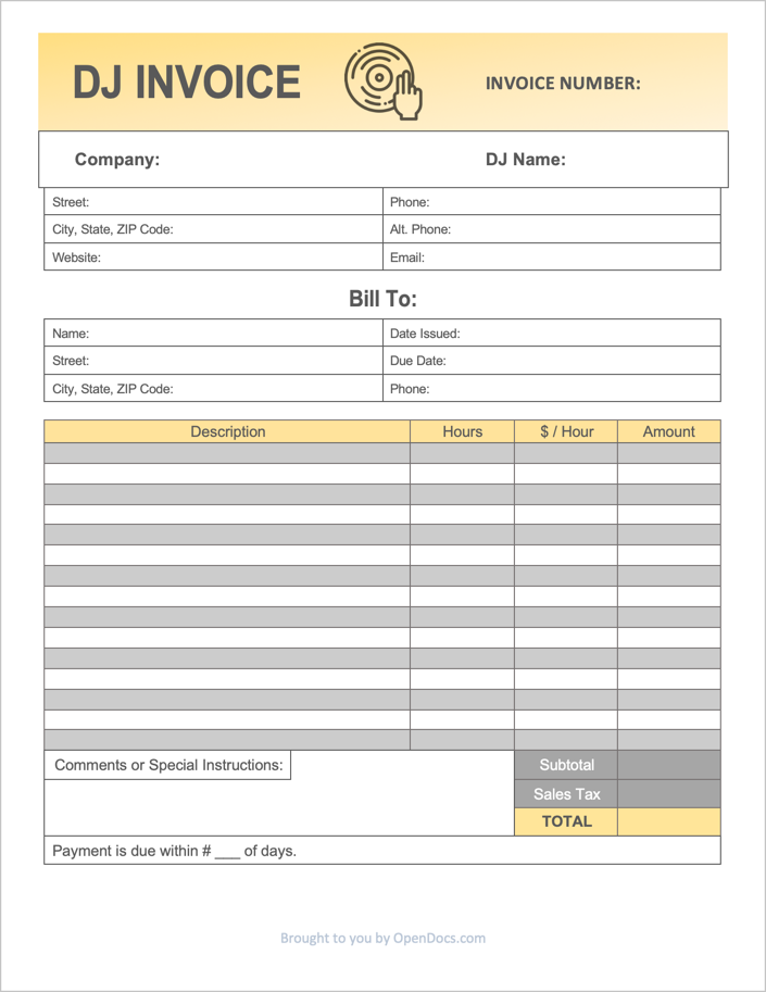 Free DJ (Disc Jockey) Invoice Template PDF WORD EXCEL