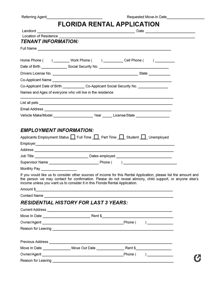 Florida Rental Application Sample 