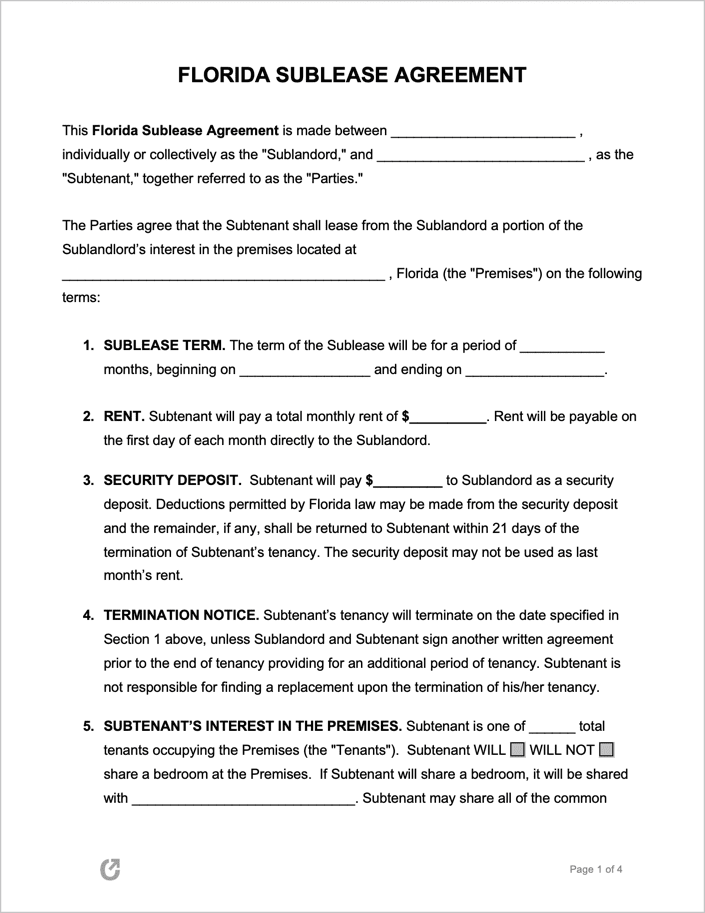 Free Florida Sublease Agreement PDF WORD