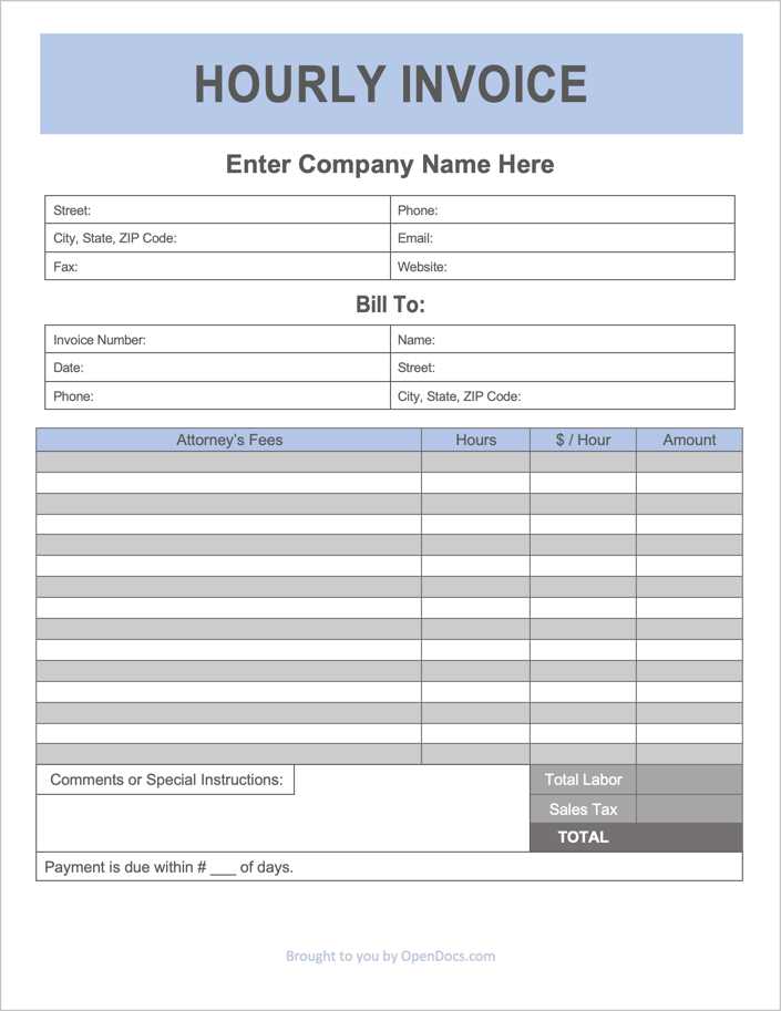 Hourly Invoice Template from opendocs.com
