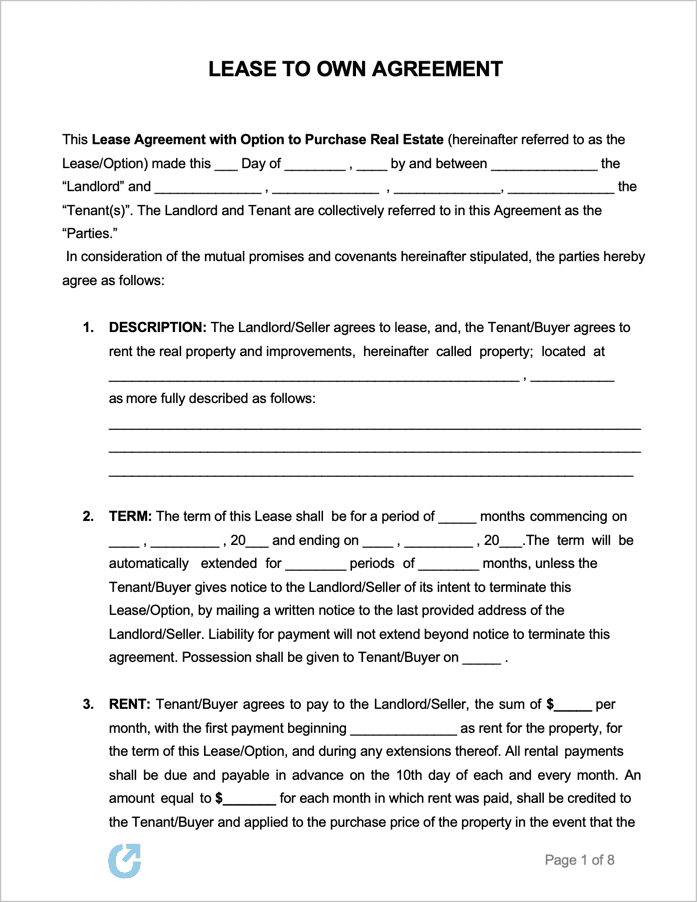 Free Lease To Own Agreements Pdf Word Rtf