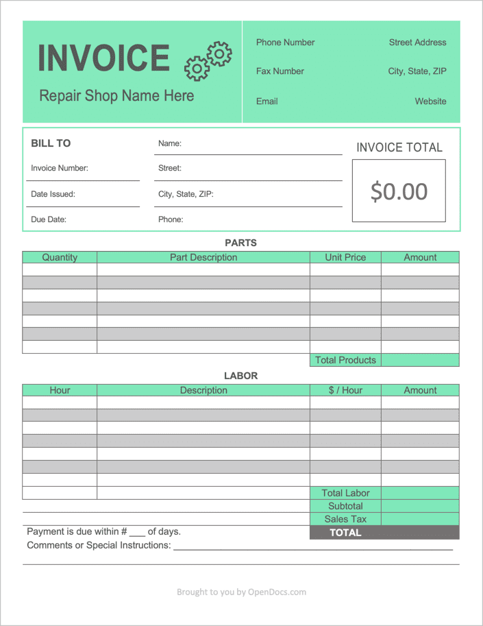 free-printable-auto-repair-invoice-template