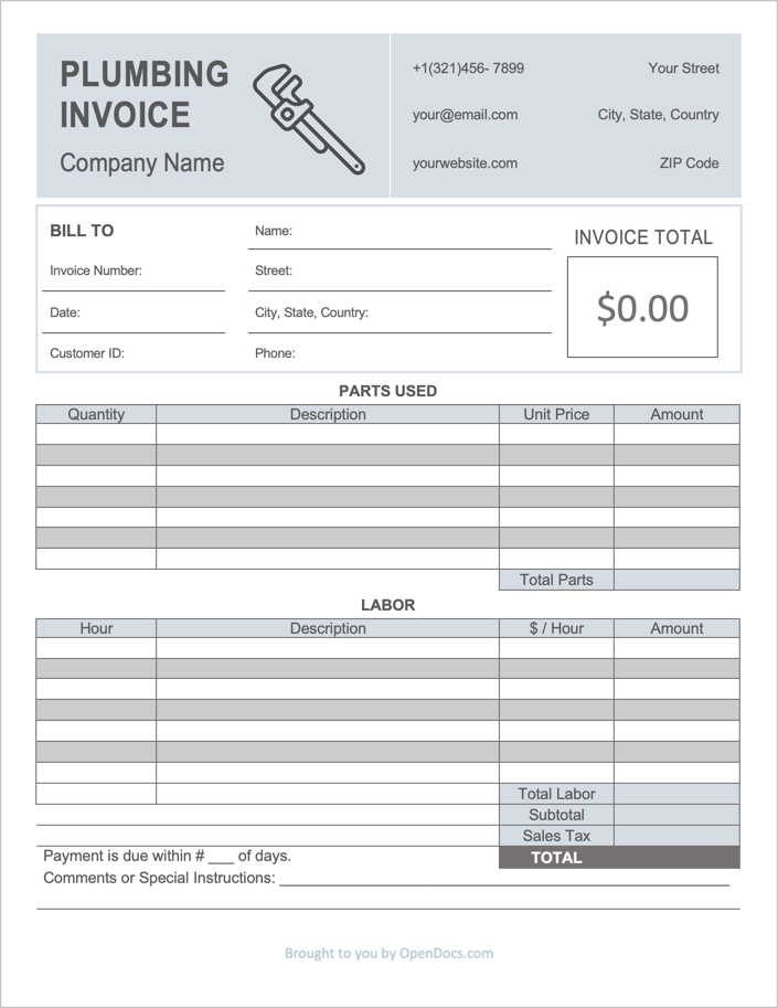 Printable Free Plumbing Invoice Template