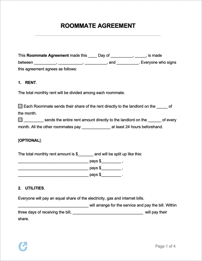 Free Roommate Agreement Template PDF WORD RTF