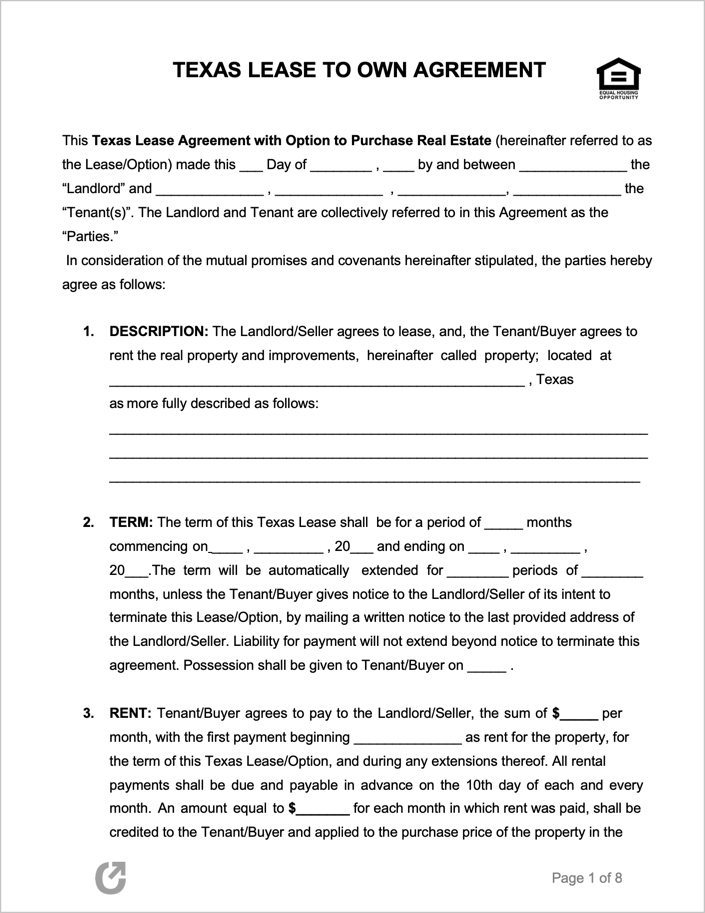 Free Texas Lease To Own Agreement PDF WORD RTF