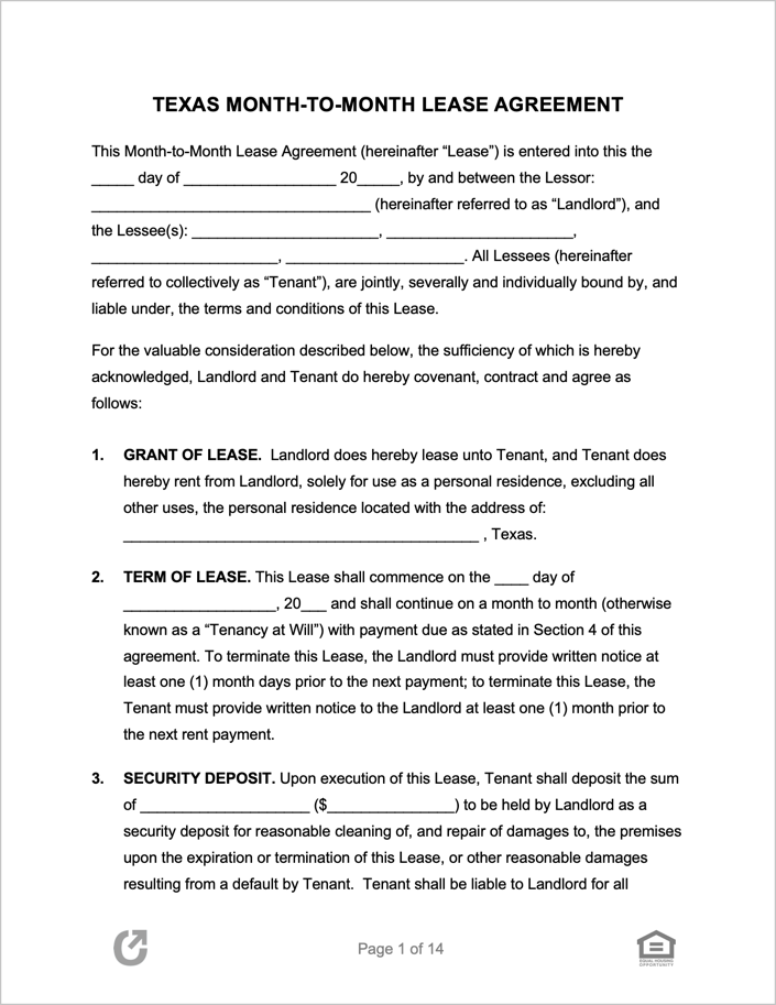 Free Texas Month To Month Lease Agreement Pdf Word Rtf