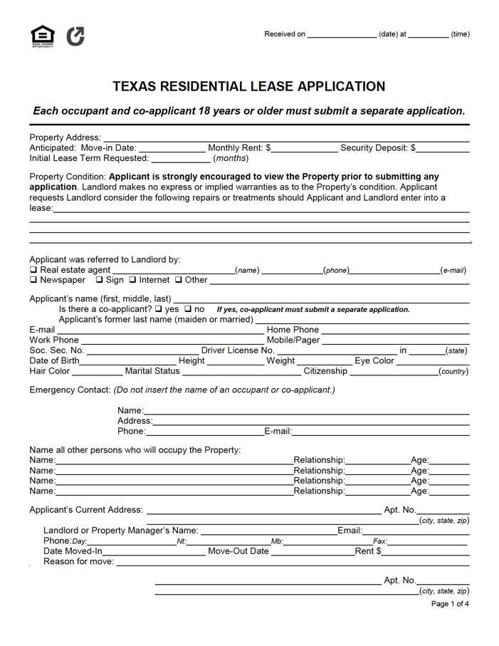 Free Texas Residential Lease Application PDF WORD