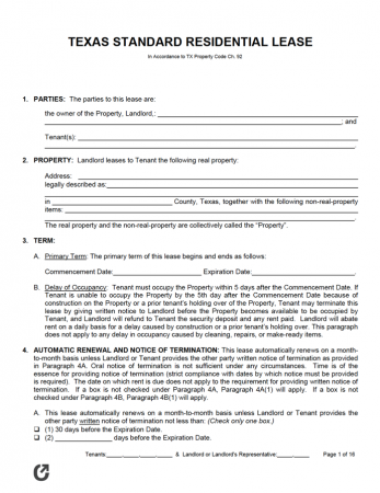 Free Texas Rental Lease Agreement Templates Pdf