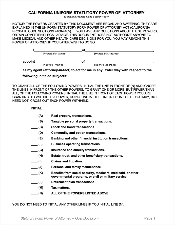 Free California Durable Power Of Attorney Form PDF WORD