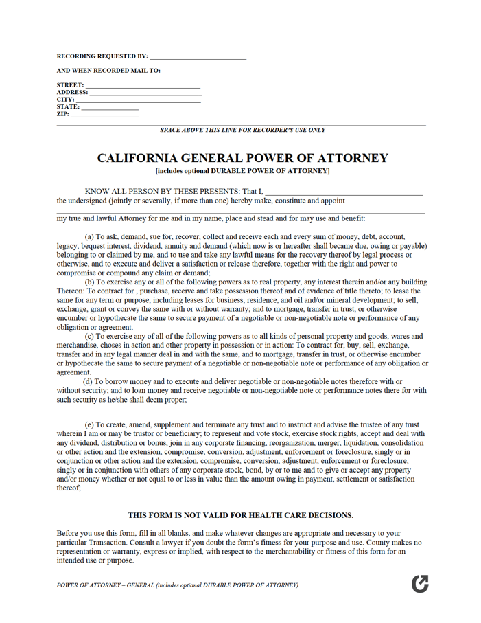 General Power Of Attorney California Template