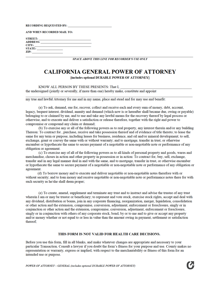 California Power Of Attorney Fillable Form Financial Printable Forms 