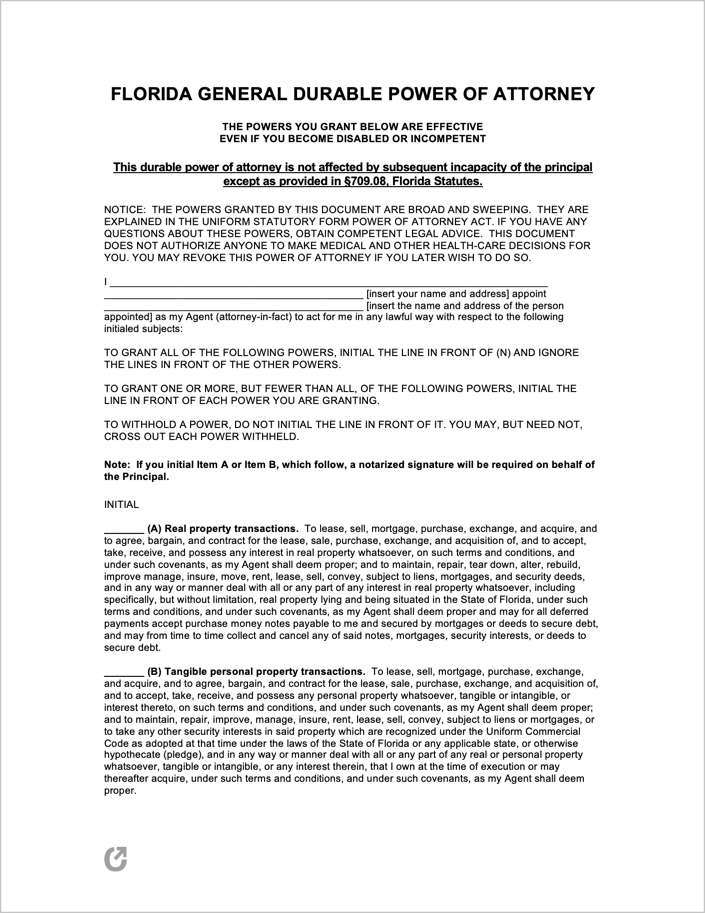 Free Florida Durable Power of Attorney Form PDF WORD