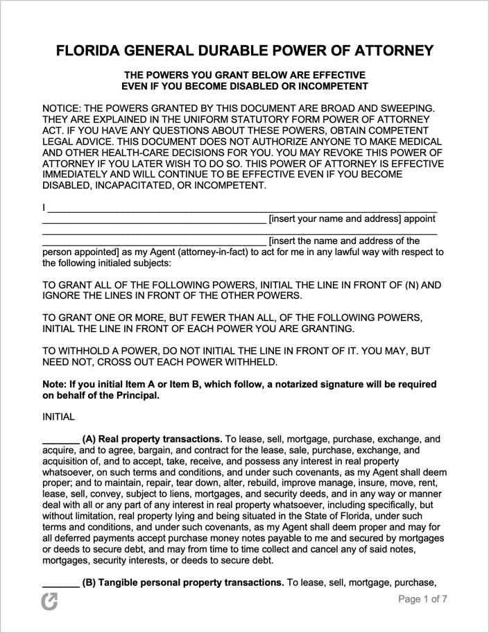Free Florida Power of Attorney Forms PDF WORD
