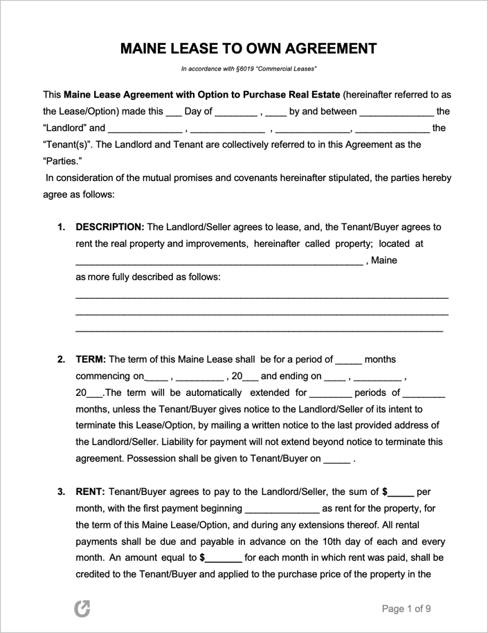 Free Maine Lease to Own Agreement PDF WORD RTF