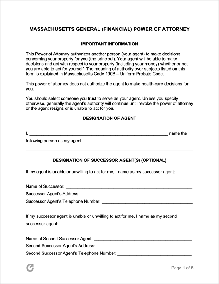 Free Massachusetts General Financial Power Of Attorney Form Pdf Word