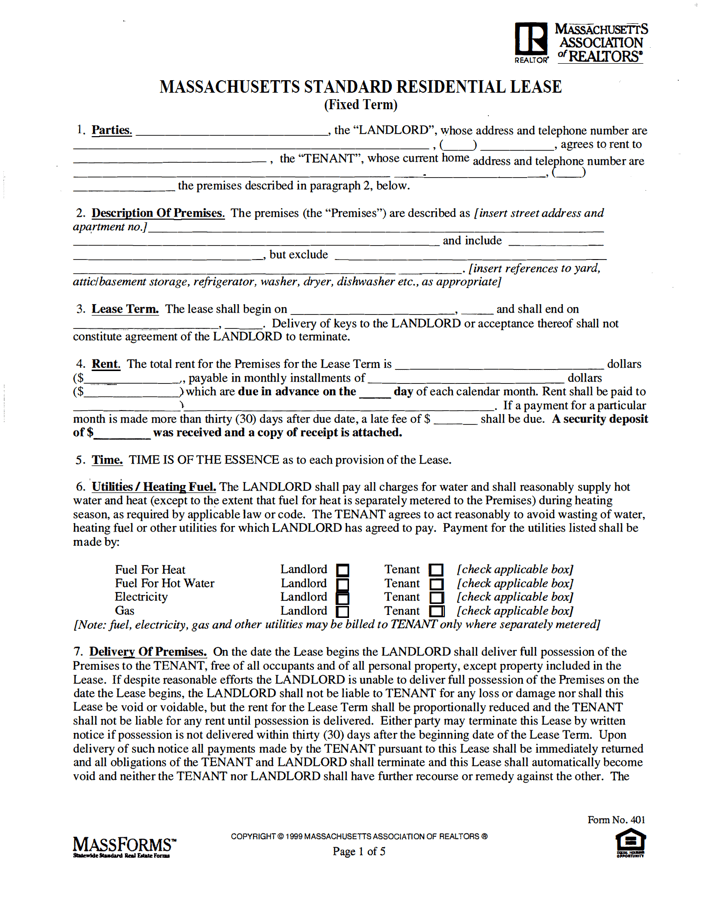 free massachusetts standard residential lease agreement form 401 pdf