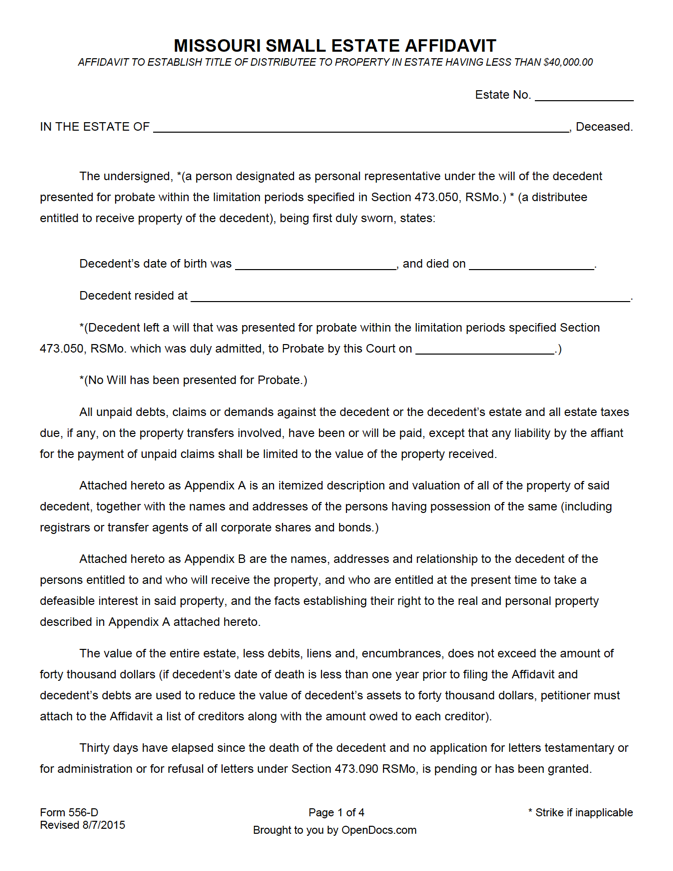 Missouri Small Estate Affidavit Form