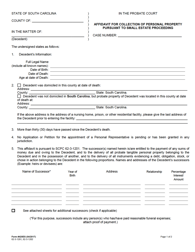 Free South Carolina Small Estate Affidavit Form 420ES PDF