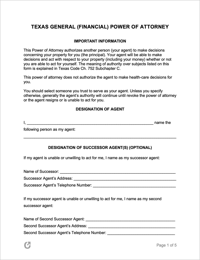 Free Texas General (Financial) Power of Attorney Form PDF WORD