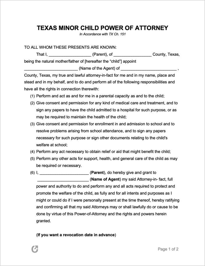 Free Texas Minor Child Power of Attorney Form PDF WORD