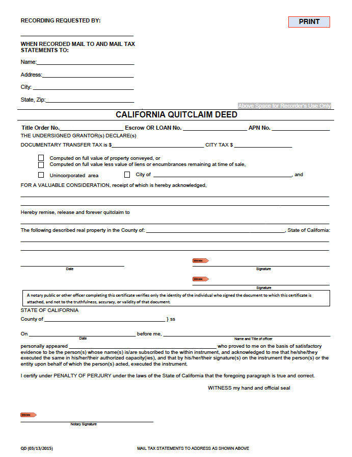 example of a quit claim deed completed california