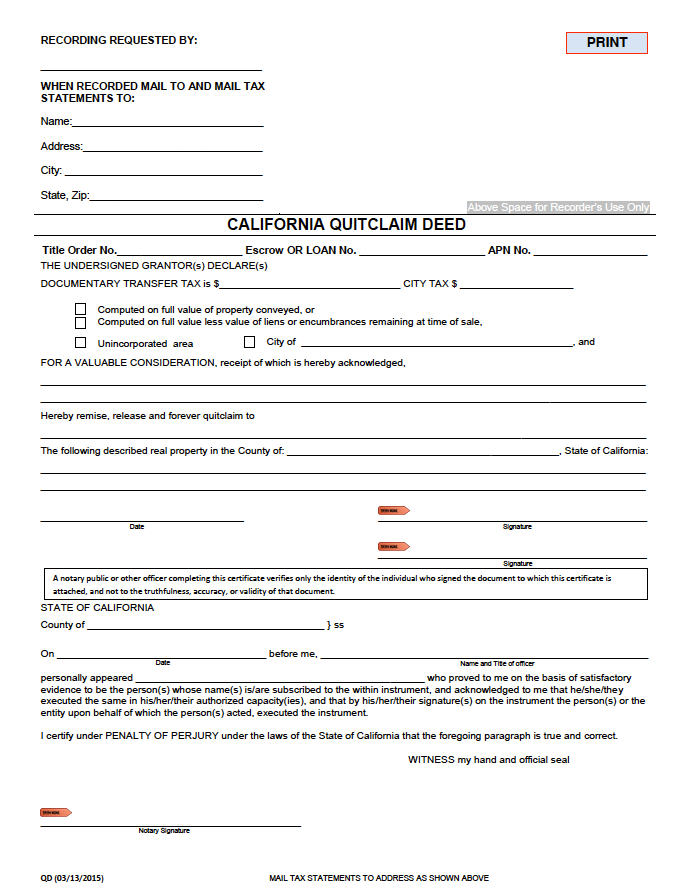 Free California Quit Claim Deed PDF WORD