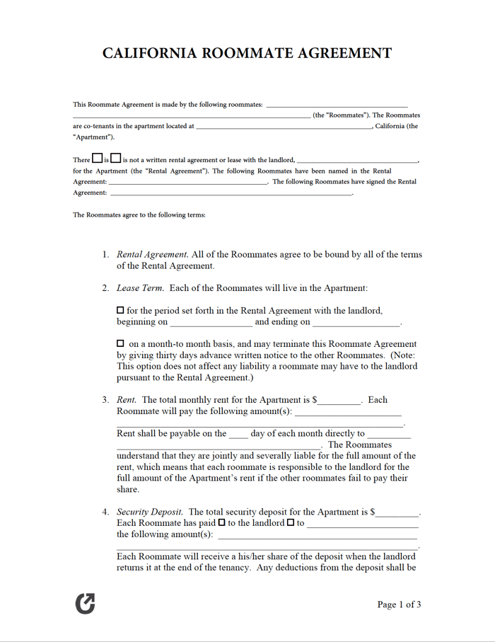 Free California Roommate Agreement PDF WORD