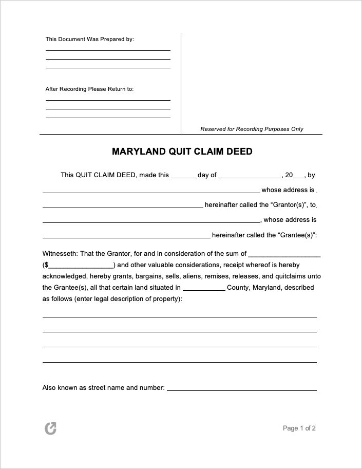 Free Maryland Quit Claim Deed Form PDF WORD