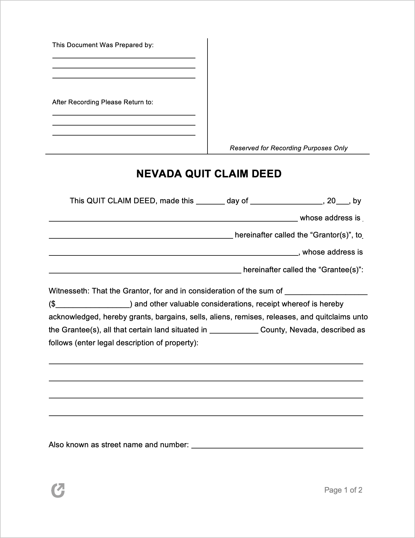 Free Nevada Quit Claim Deed Form PDF WORD
