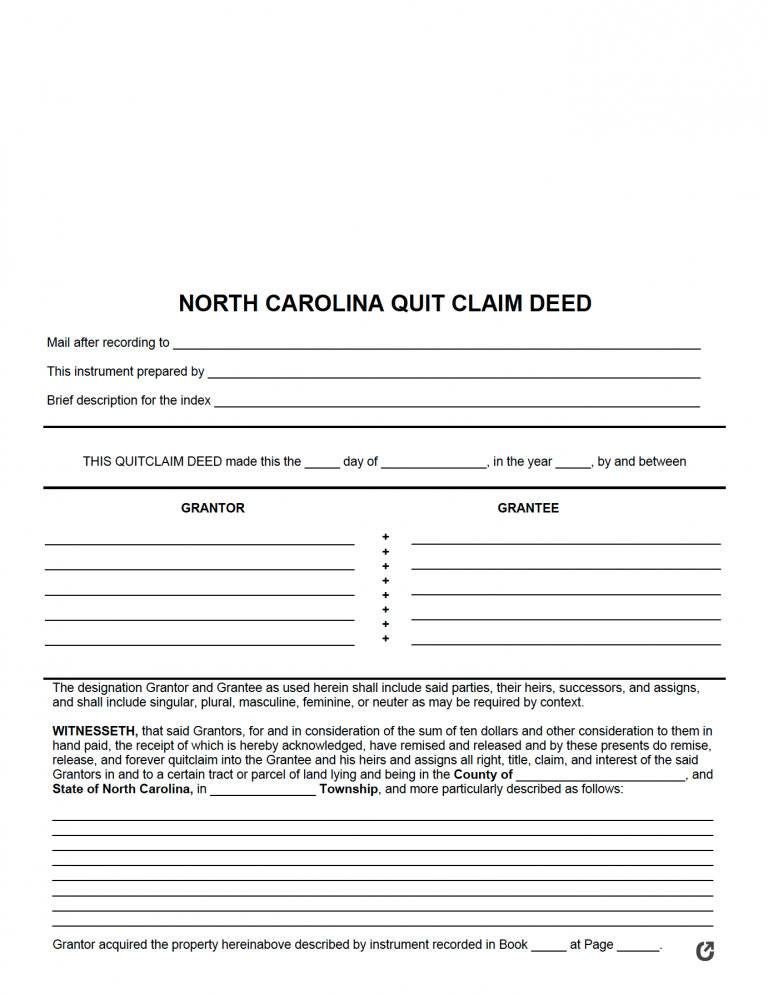 Free North Carolina Quit Claim Deed Form PDF WORD