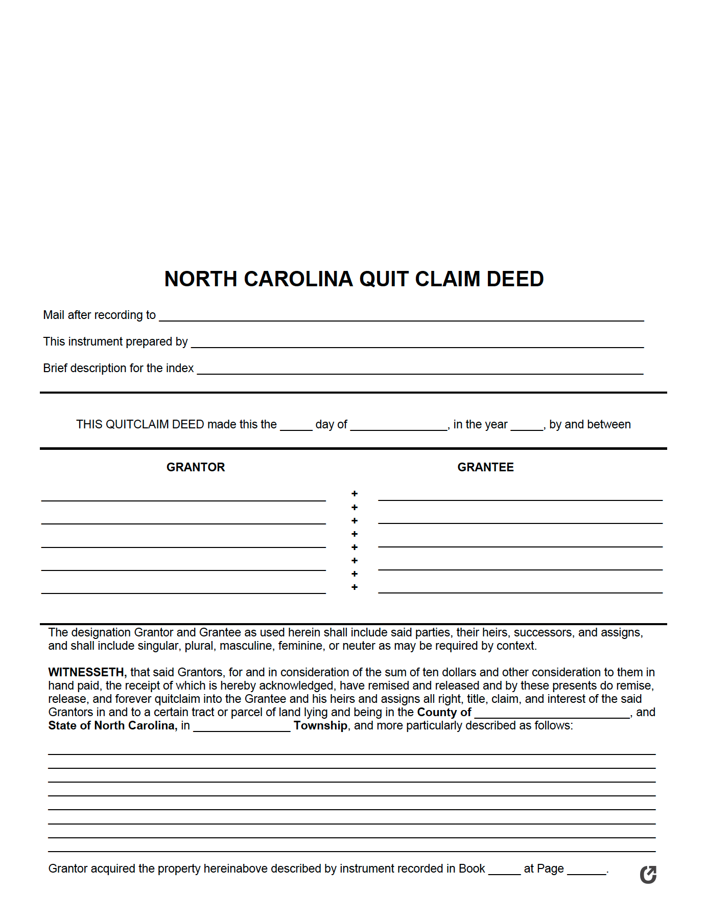 Free North Carolina Quit Claim Deed Form PDF WORD