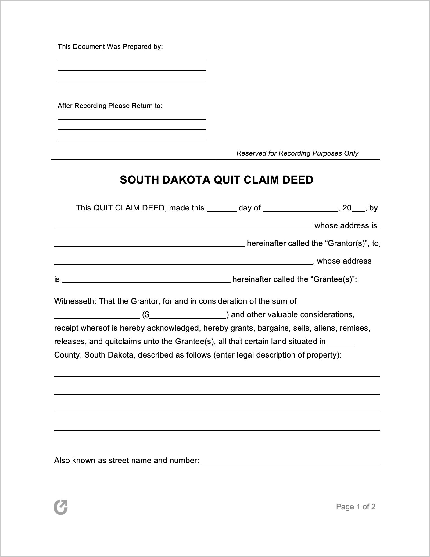 Free South Dakota Quit Claim Deed Form PDF WORD