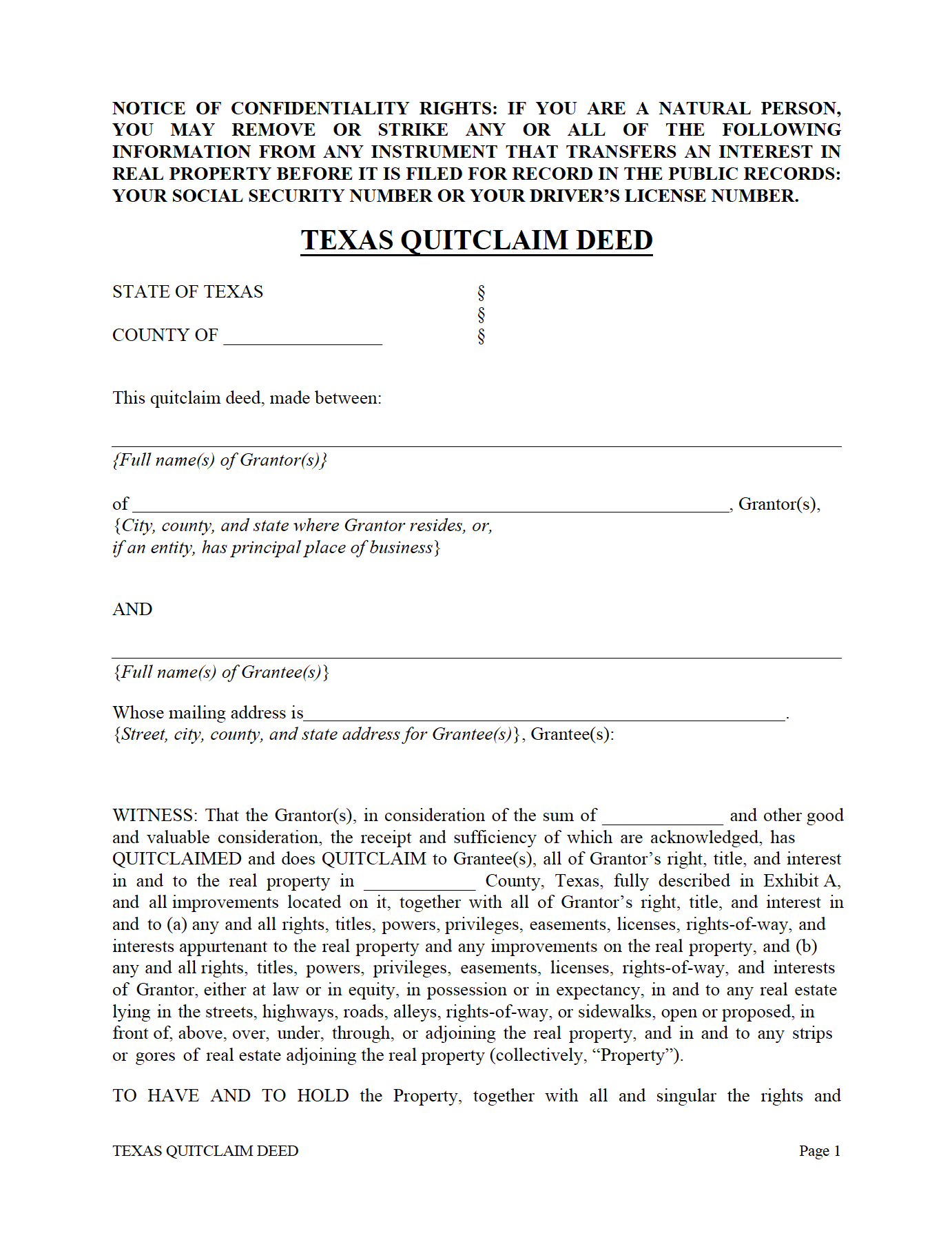 Free Texas Quit Claim Deed Form PDF WORD