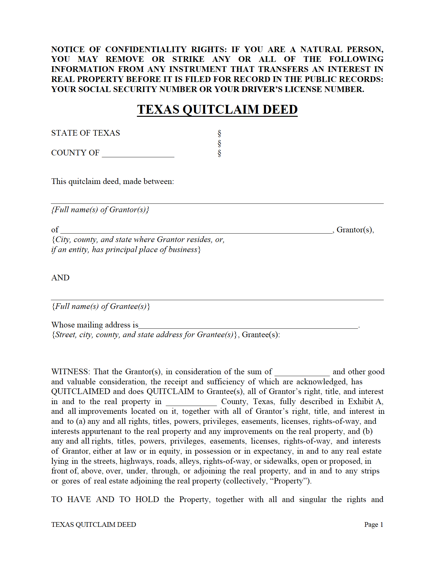 Free Texas Quit Claim Deed Form Pdf Word