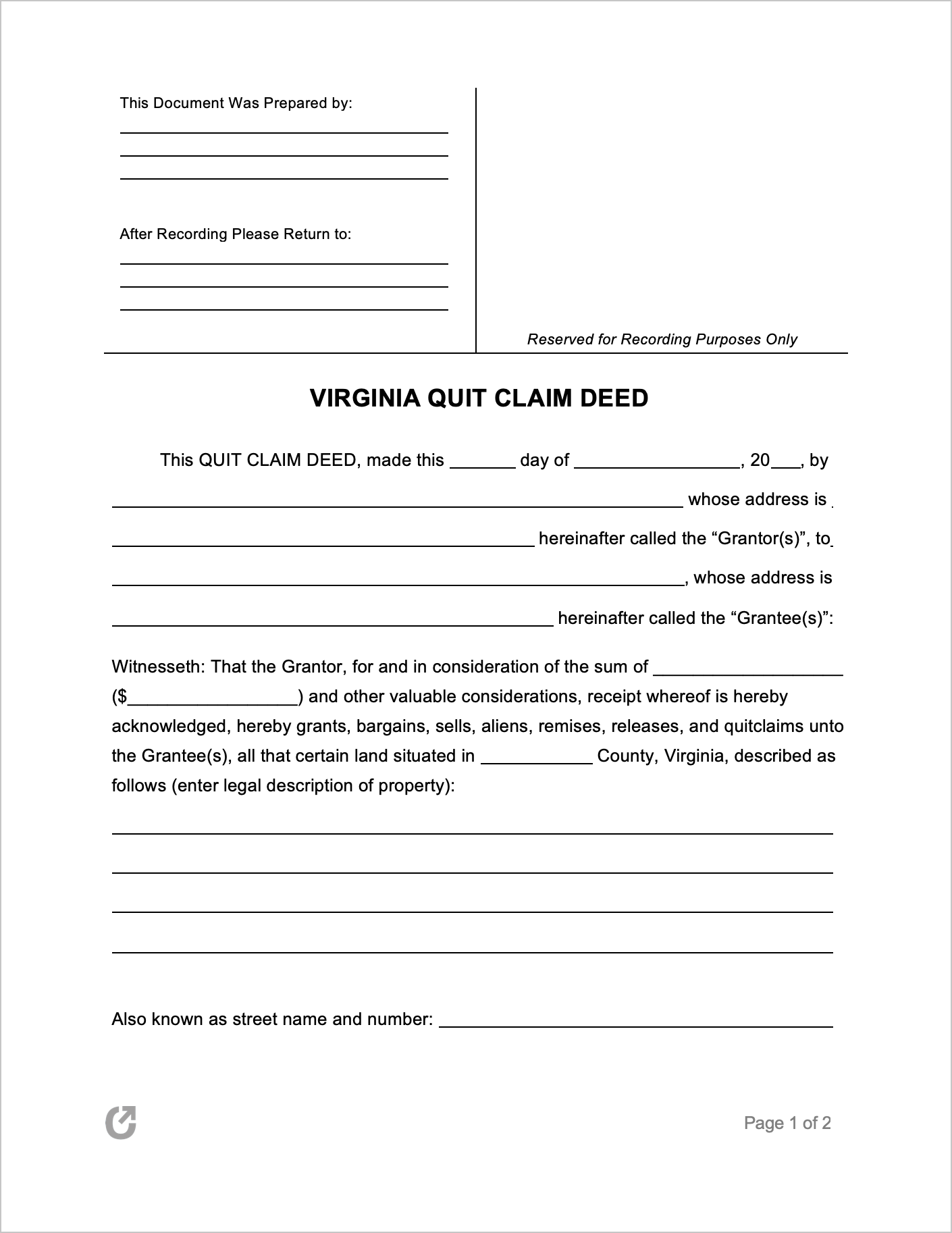 Free Virginia Quit Claim Deed Form PDF WORD