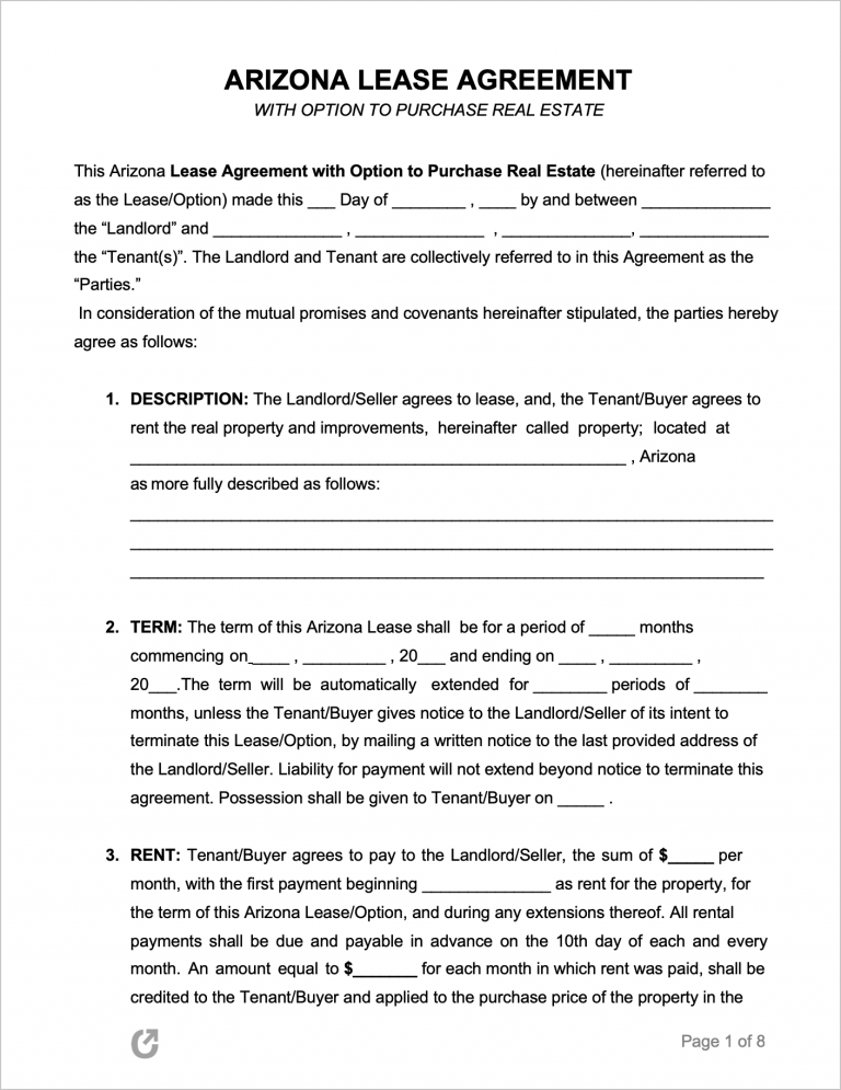 Free Arizona Rental Lease Agreement Templates PDF