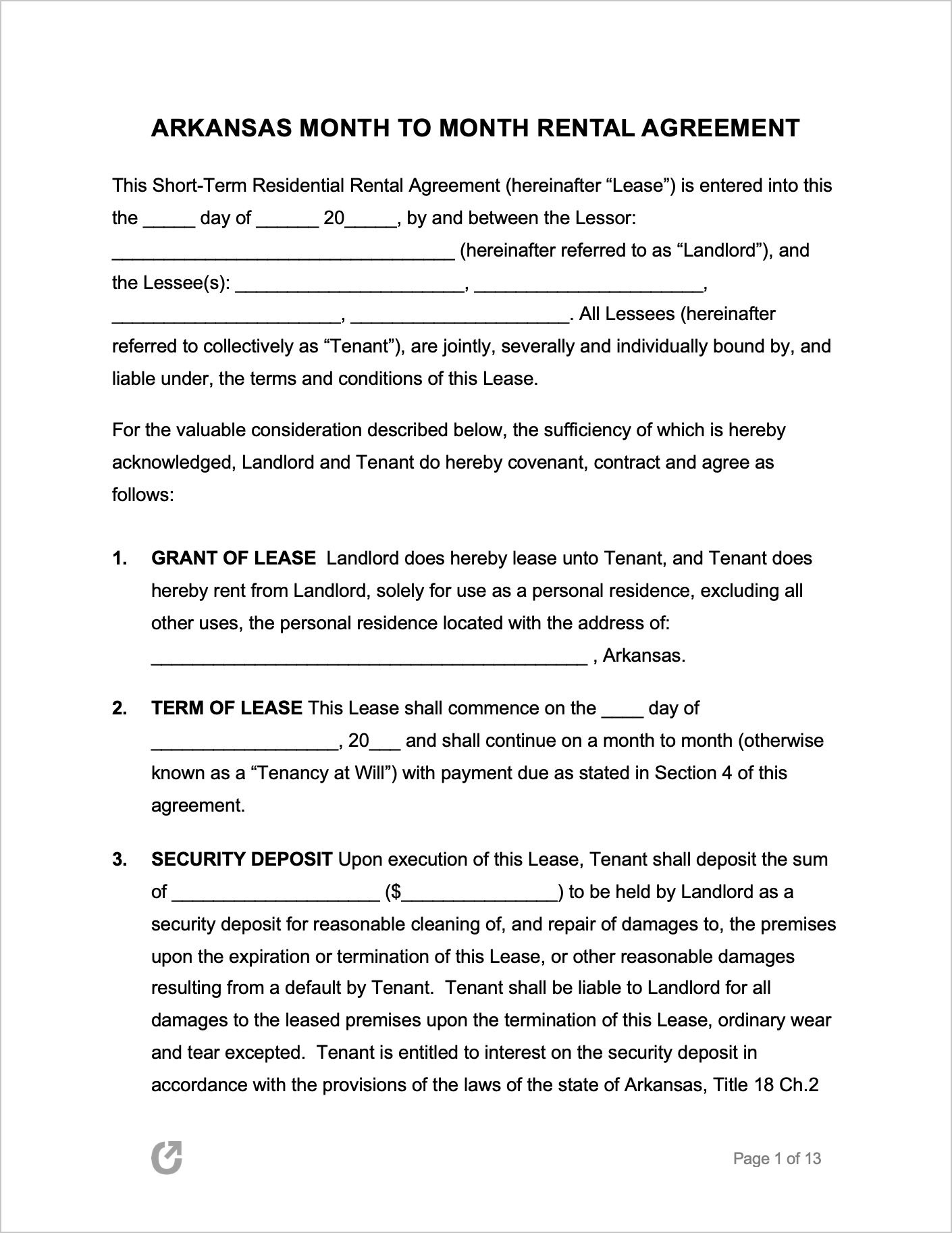 Free Arkansas MonthtoMonth Lease Agreement PDF WORD RTF