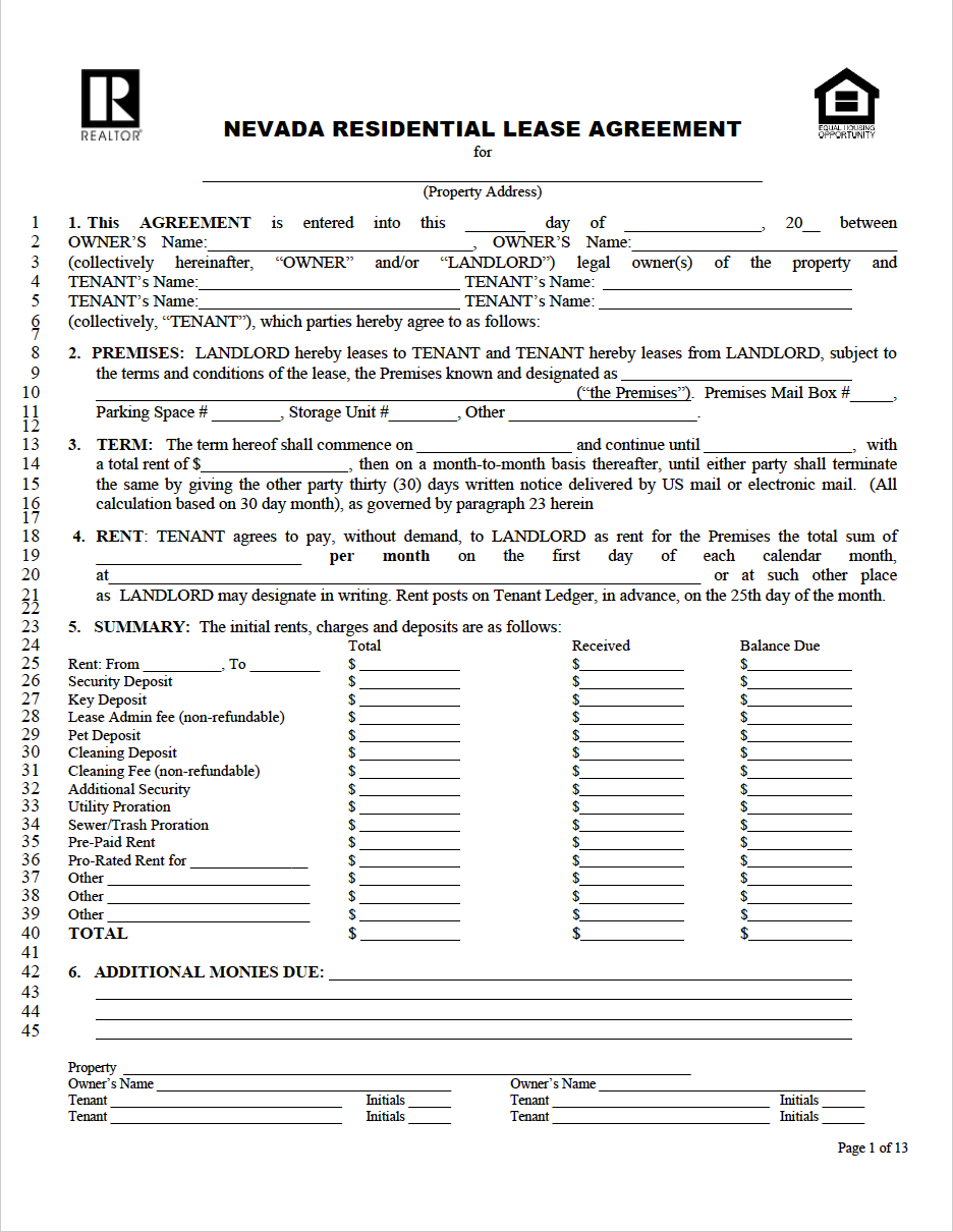 Free Nevada Rental Lease Agreement Templates PDF