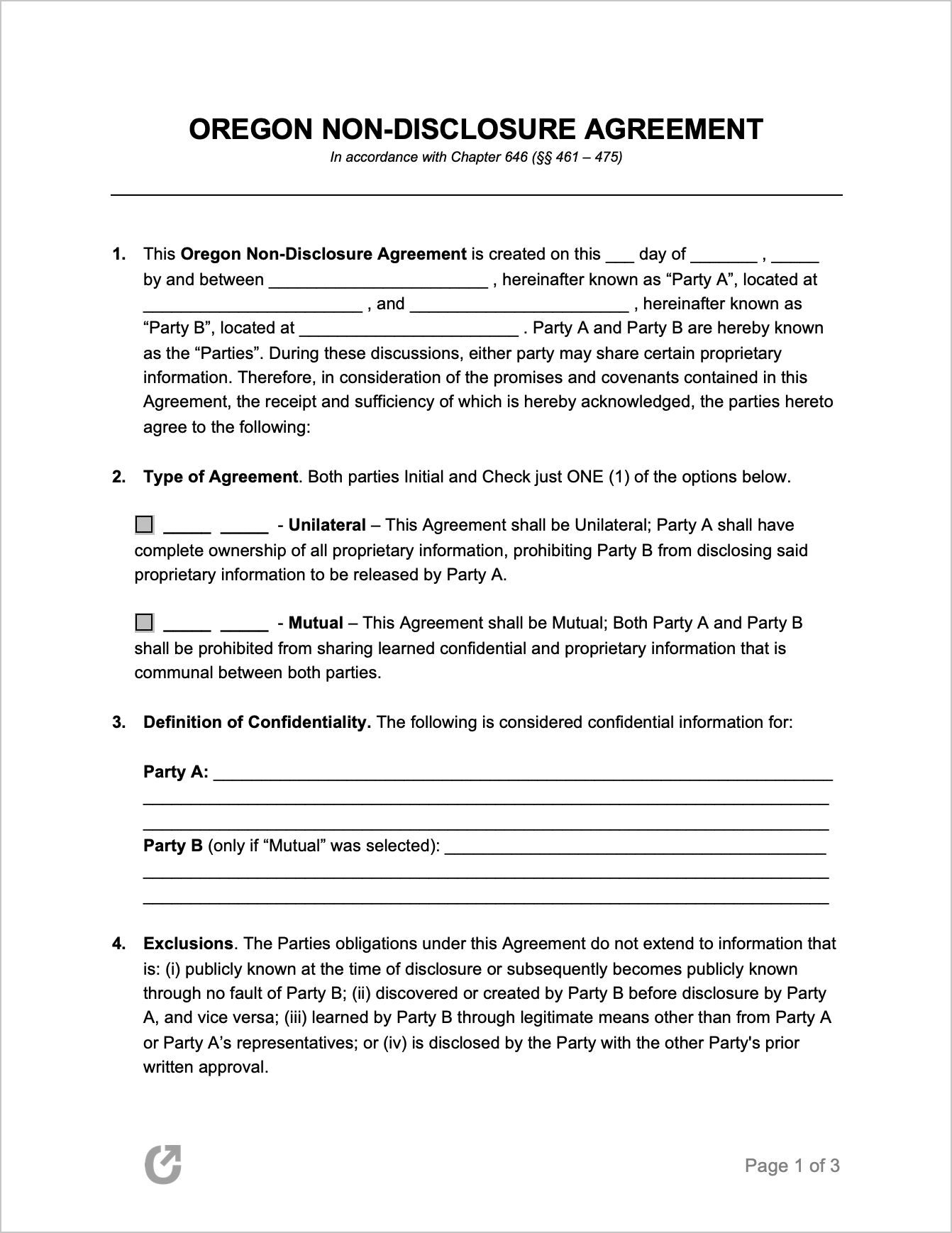 Free Oregon Non-Disclosure Agreement Template  PDF  WORD With unilateral non disclosure agreement template
