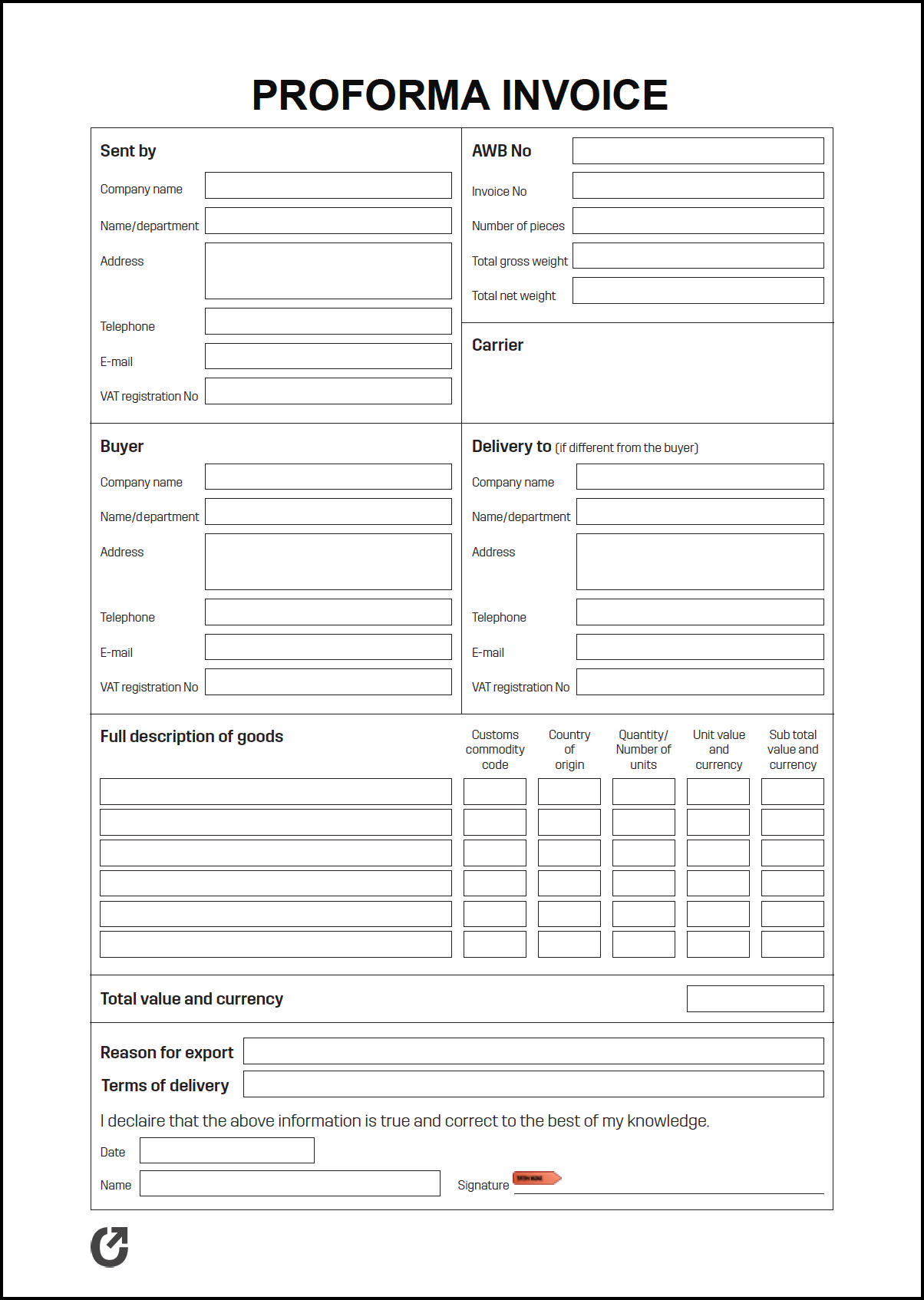 downloadable simple proforma invoice template